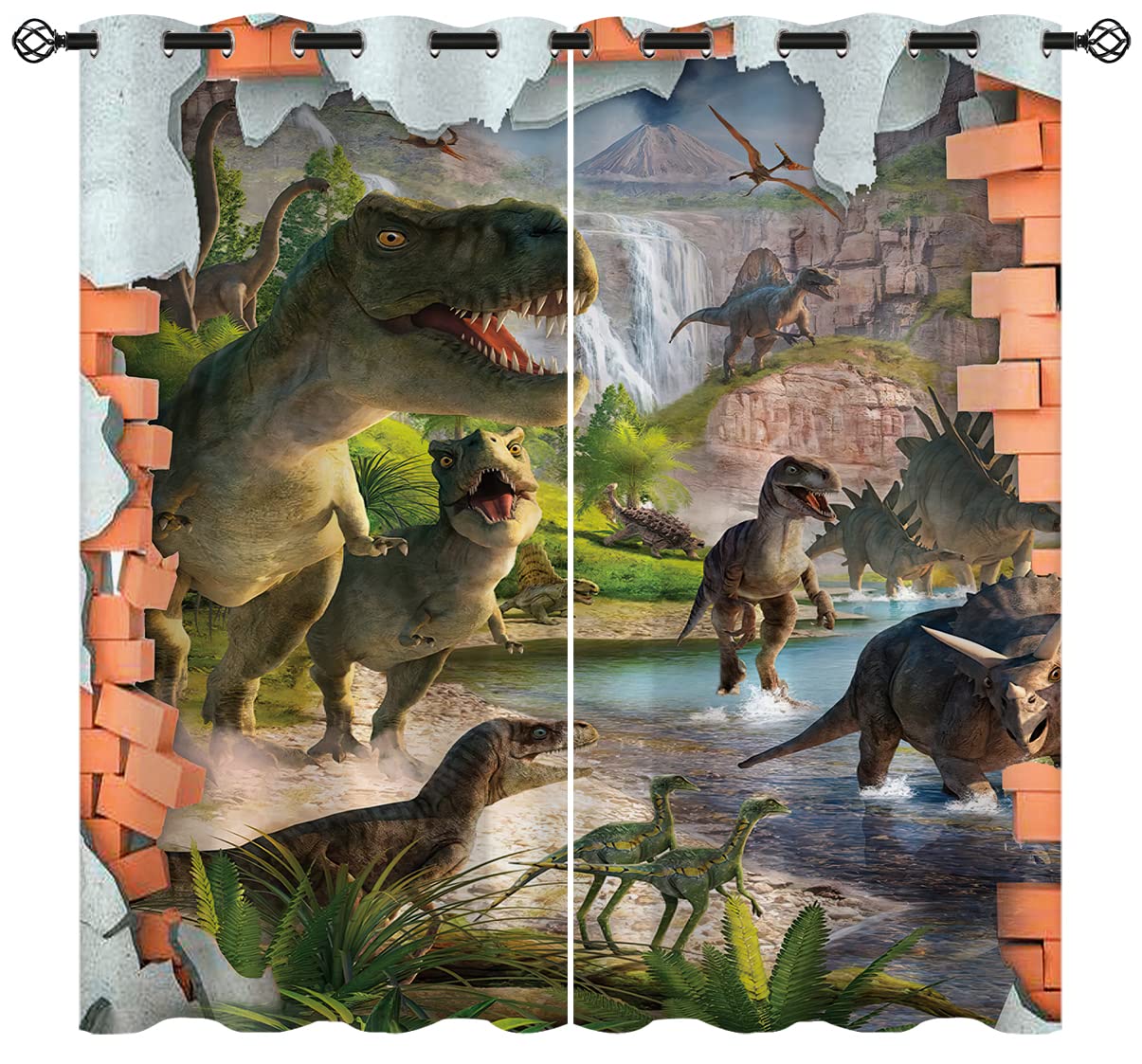 ONINUO Dinosaur Blackout Curtains for Girls Boy Home Decor, Jurassic Wild Animal Waterfall Volcano Grommet Thermal Insulated Drapes Darkening Window