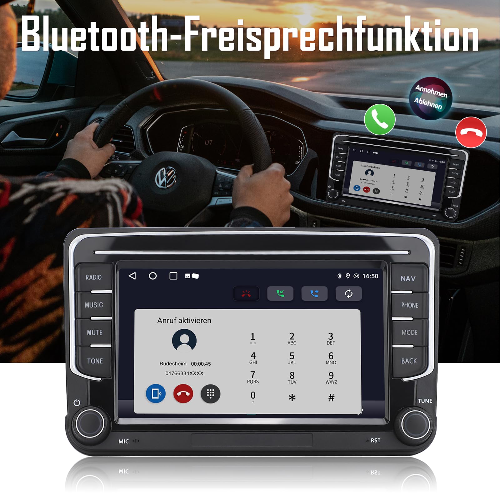 2 DIN Autoradio für VW Golf 5 6 Passat Seat Touran Skoda, Wireless CarPlay & Android Auto, GPS Navi, DAB+, Lenkradsteuerung, Physischer Lautstärkeregler, EQ, MirrorLink