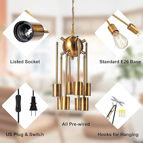 Miniatura 2 de SineRise Sputnik Candelabros dorados, 8 luces de iluminación moderna, lámpara colgante de granja de mediados de siglo con altura ajustable para