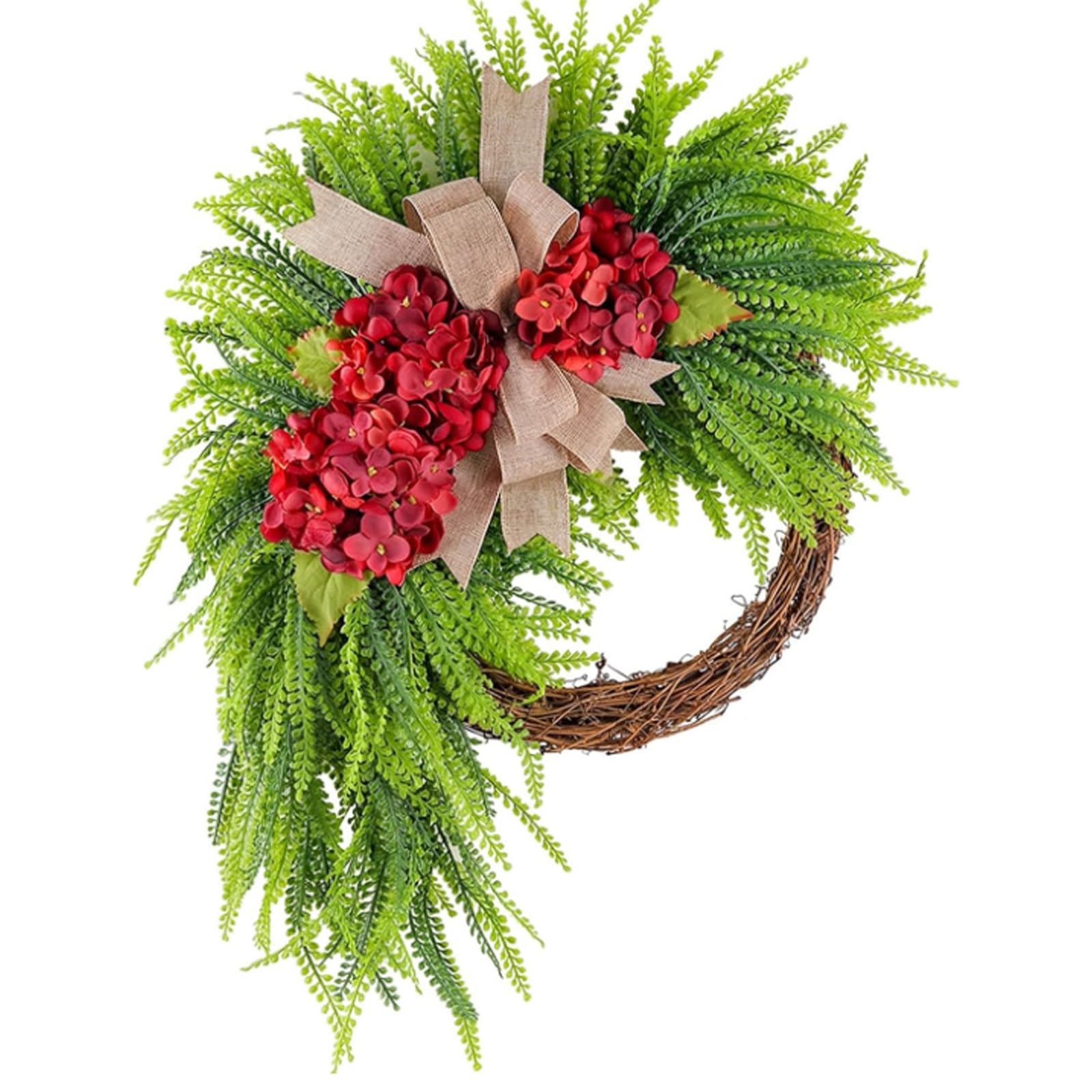 JORCEDI Door Wreath, 45cm/17.72inch Summer Wreaths for Front Door, Artificial Green Hydrangea Garland for Farmhouse, Wedding, Home, Window, Wall, Fireplace (beige bow)