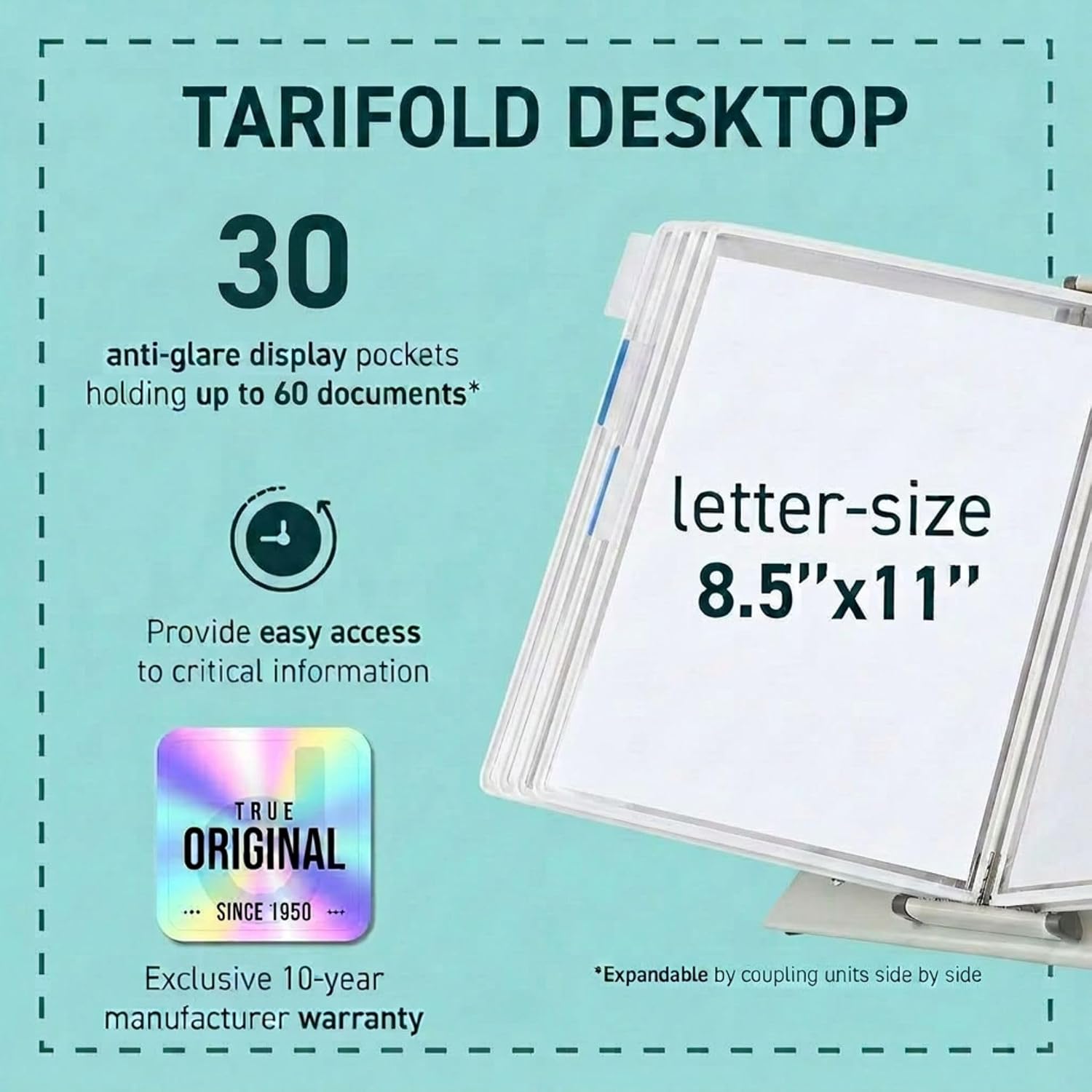 Tarifold Desktop Reference Organizer & Display System, 30 Double-Sided Pockets, 60 Sheet Capacity, Expandable, Durable Steel Wire Frames, Letter Size, Made in France, White