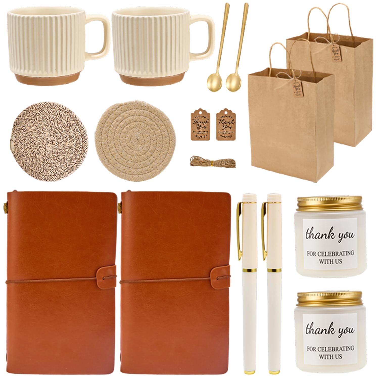 Lot de 2 tasses en céramique avec cuillères café, bougies et carnets pour invités de mariage, marron