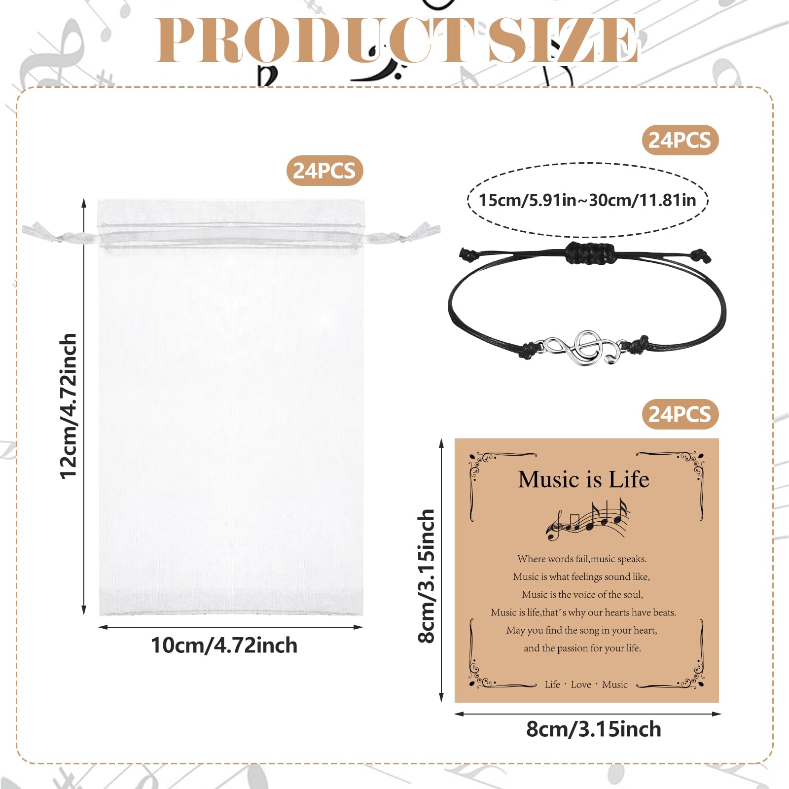 24 Set Music Gifts Bulk Musical Note Bracelets with Inspirational Cards Music Lovers Gifts Musician Accessories Choir Appreciation Gift Musical Party Favors for Musician Choir Teacher Students - Image 2