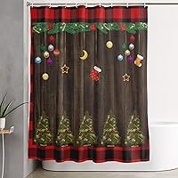 Vista 8 de Cortina de ducha con diseño de árboles de Navidad, diseño a cuadros, de madera marrón, decoración de baño, 71 x 71 pulgadas (12 ganchos incluidos)