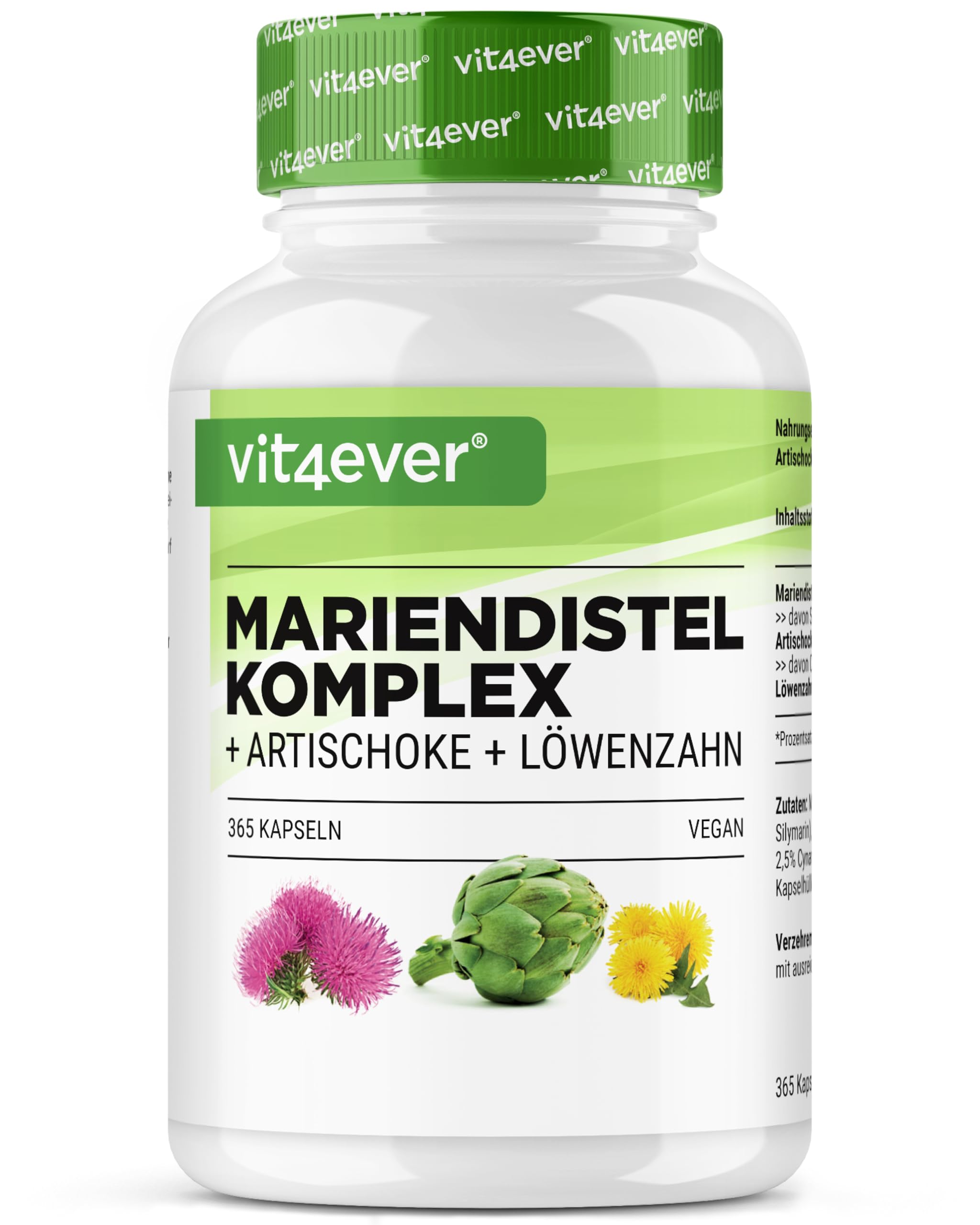 Chardon-Marie Artichaut Pissenlit Complexe - 365 capsules (6 Mois d'Approvisionnement) - Hautement Dosé avec 80% de Silymarine & 2,5% de Cynarine - Vegan