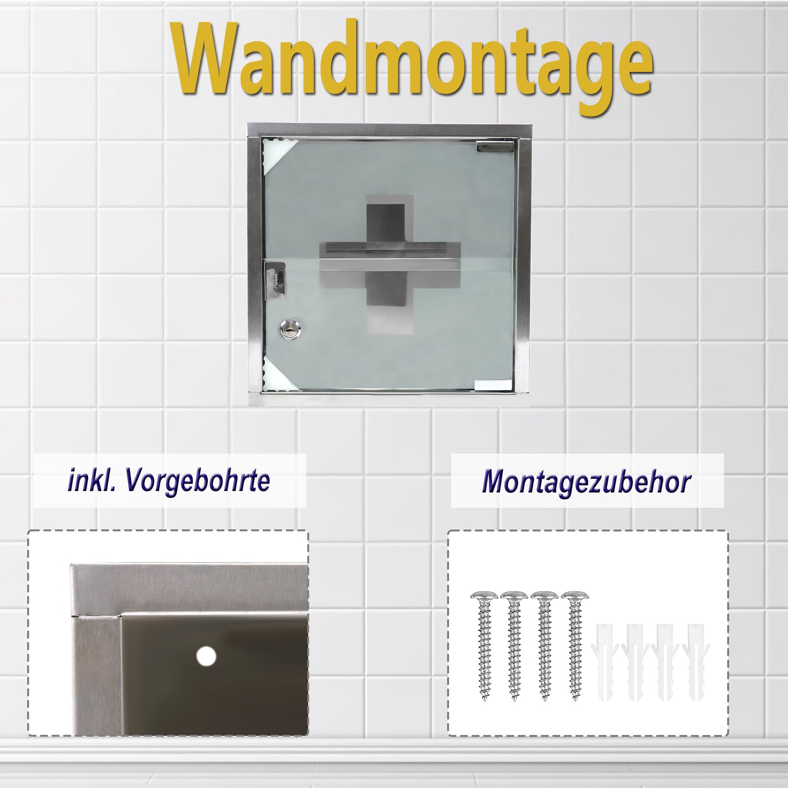 Armoire à pharmacie avec porte en verre et 2 clés, verrouillable, en acier inoxydable, suspendue, 2 compartiments, 30 x 30 x 12 cm