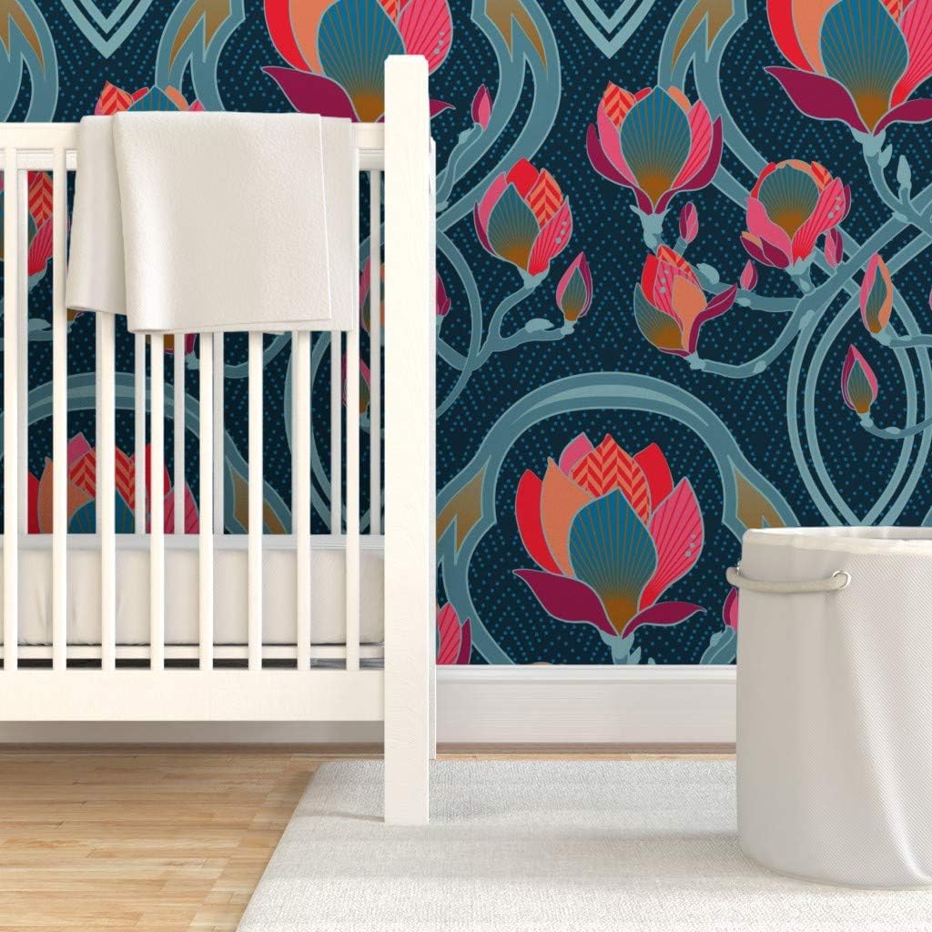 Removable Wallpaper 9ft x 2ft - Art Nouveau Big Scale Home Decor Pink Vintage Blue Flowers Spring Floral Inspired Deco Coral Custom Pre-Pasted Wallpaper by Spoonflower
