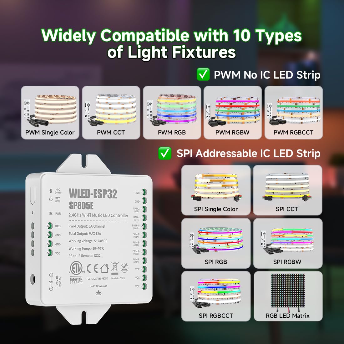 BTF-LIGHTING ESP32 WLED SP805E 2.4G Wi-Fi muzyka sterownik LED
