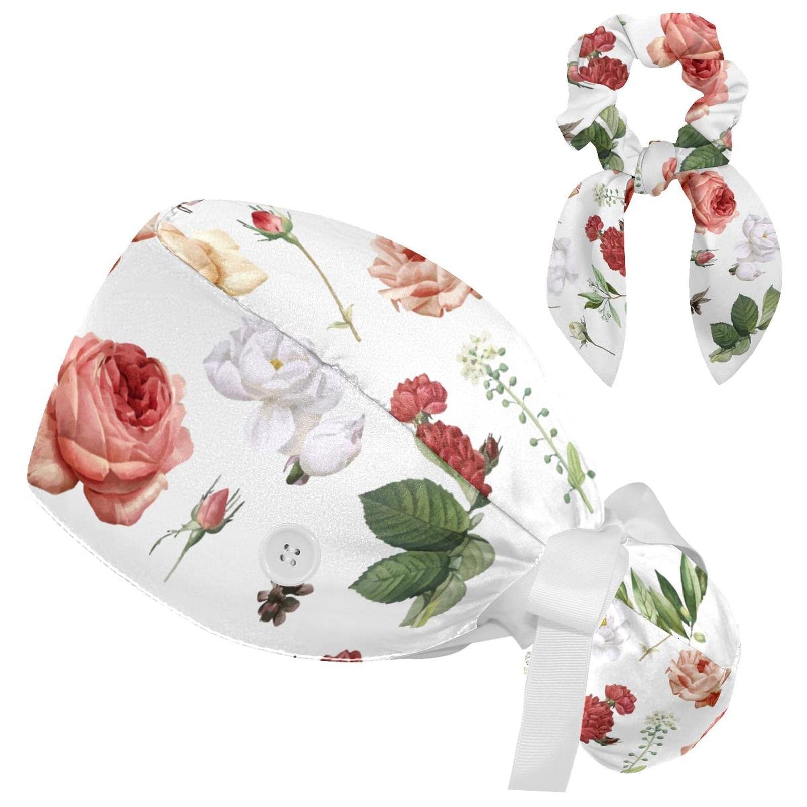 Working Cap + Hair Tie Bouffant Caps Tie Back Hat with Sweatband Scrub Hat Flowers Turban Cap