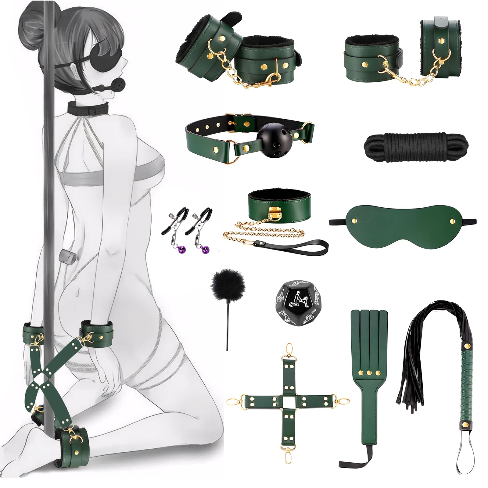 Bondage Set 15 Pièces BDSM Kit de Contrainte Réglable pour Couples avec Menottes Bandeau Bâillon & Fouet Équipement de Bondage pour Débutants à Avancés Durable et Doux pour la Peau (Vert)