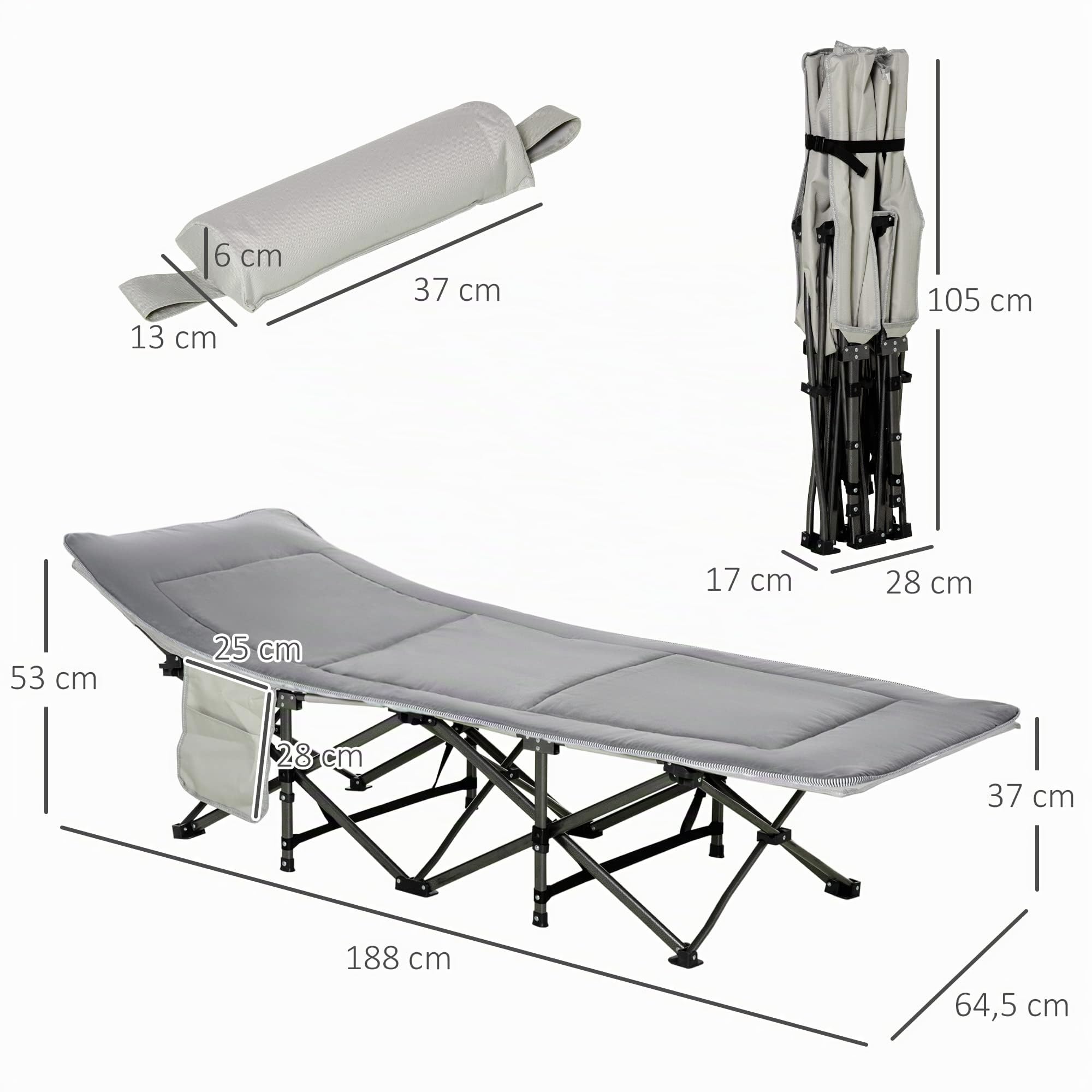 Outsunny Feldbett faltbar mit Matratze 188 x 64,5 x 53 cm | Campingbett, Tragetasche, Gästebett bis 150 kg Belastbar, Campingliege für Erwachsene, Klappbett, Outdoor Camping
