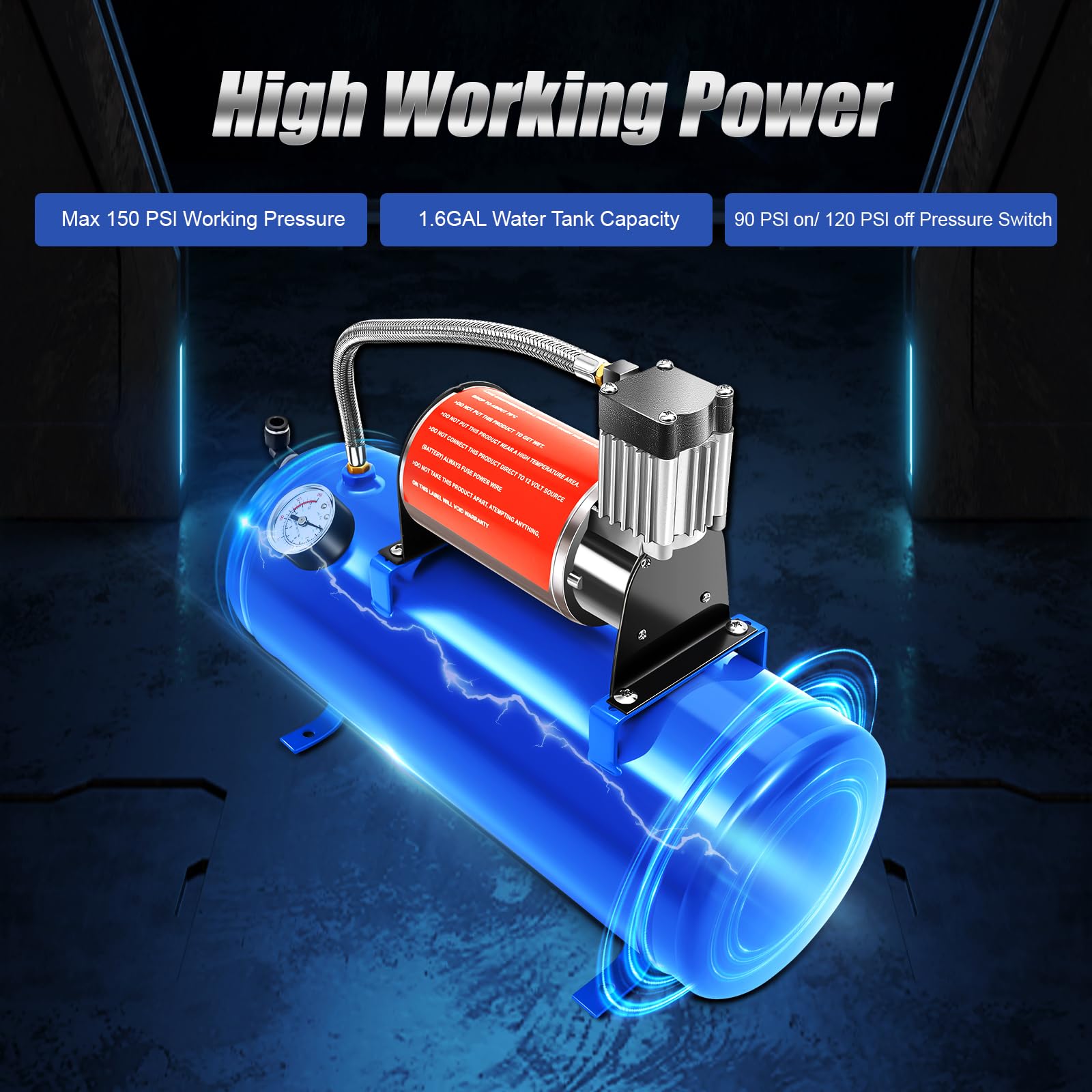 Compressore d'aria da 150 dB, 12 V, 4 Trumpet Train Air Horn Kit e compressore d'aria da 150 PSI con serbatoio da 6 l, per auto, camion, treno, furgoni, barche, blu
