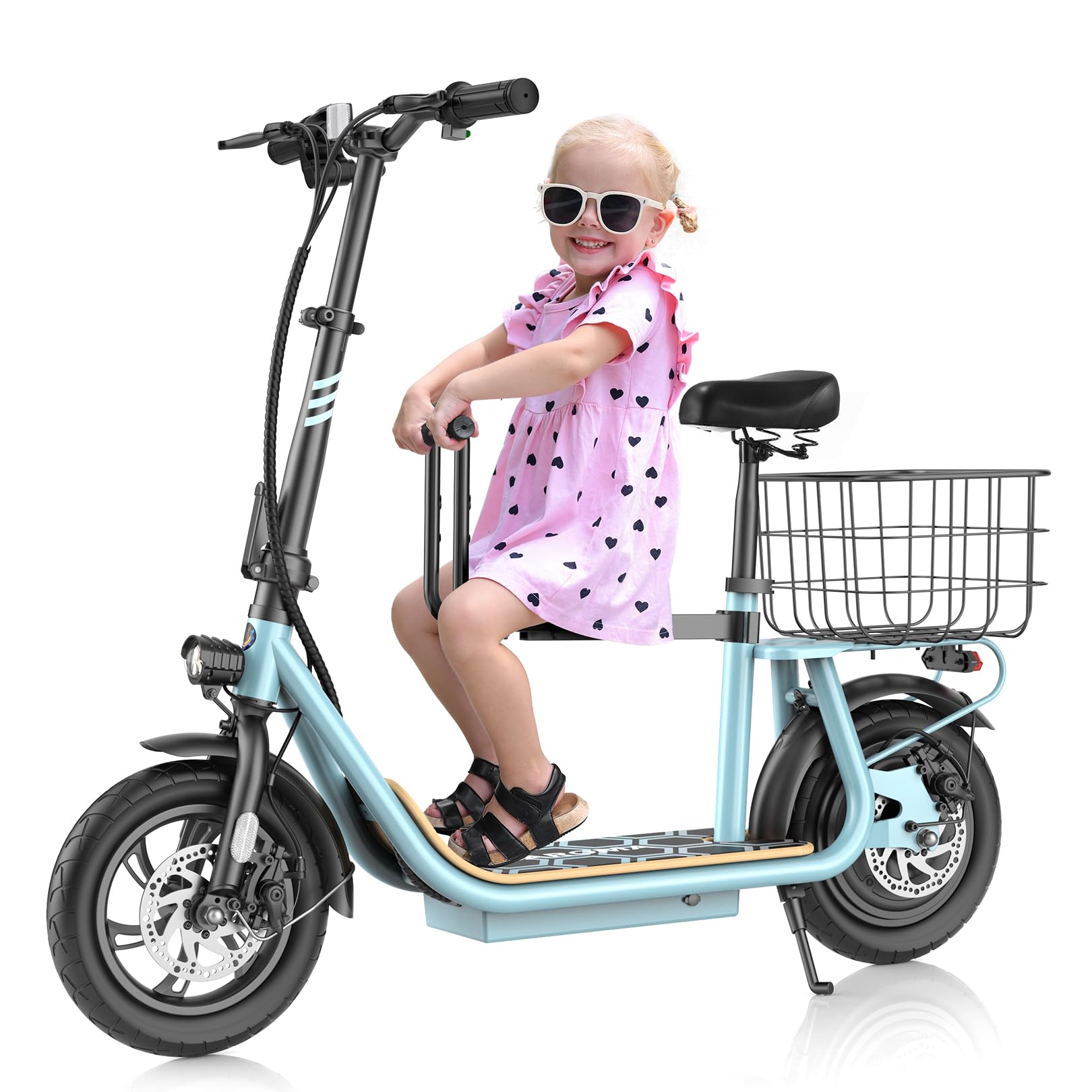 Caroma Electric Scooter with Seat, Max 30 Miles Range&20MPH Speed, Peak 800/1200W Motor, Foldable Electric Scooter for Adults and Teens, Commuter E Scooter with Basket&Adjustable Kid Seat