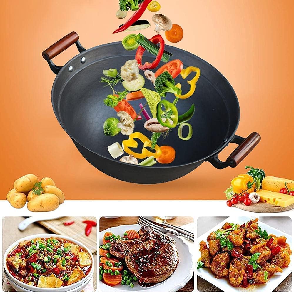 Deep-Bottomed Cast Iron Wok, Wok with Wooden Lid for Cooking, Wok with 2 Wooden Handles, Scratch-Resistant Wok,38cm