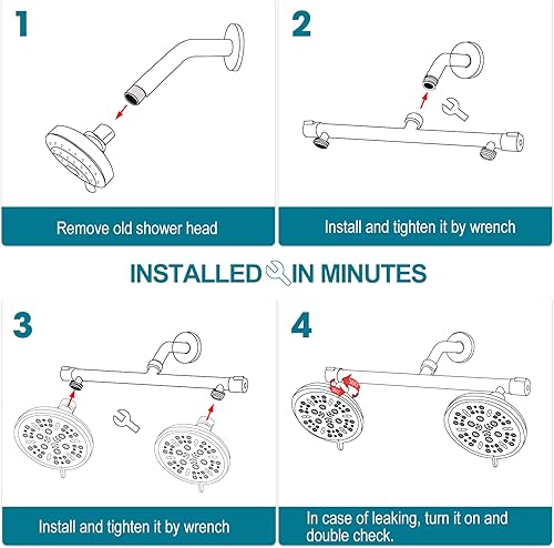 Miniatura 5 de Cabezal de ducha doble con 2 válvulas de cierre integradas, cabezal de ducha de lluvia de 8 ajustes, níquel cepillado, 16 pulgadas de ancho para