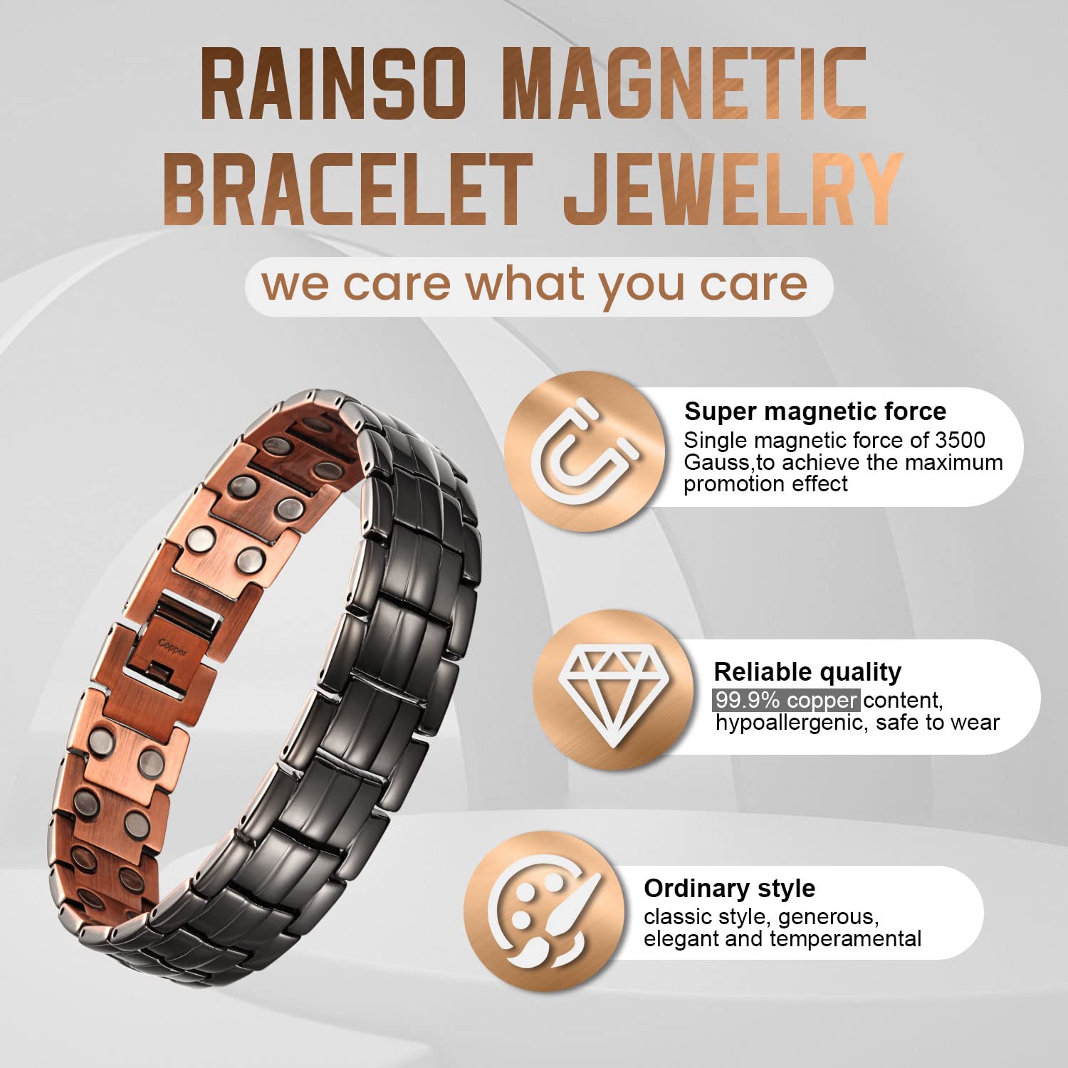 RainSo Pulseras magnéticas de doble fila de cobre negro mate para 3500 Gauss pulsera ajustable (negro pistola)