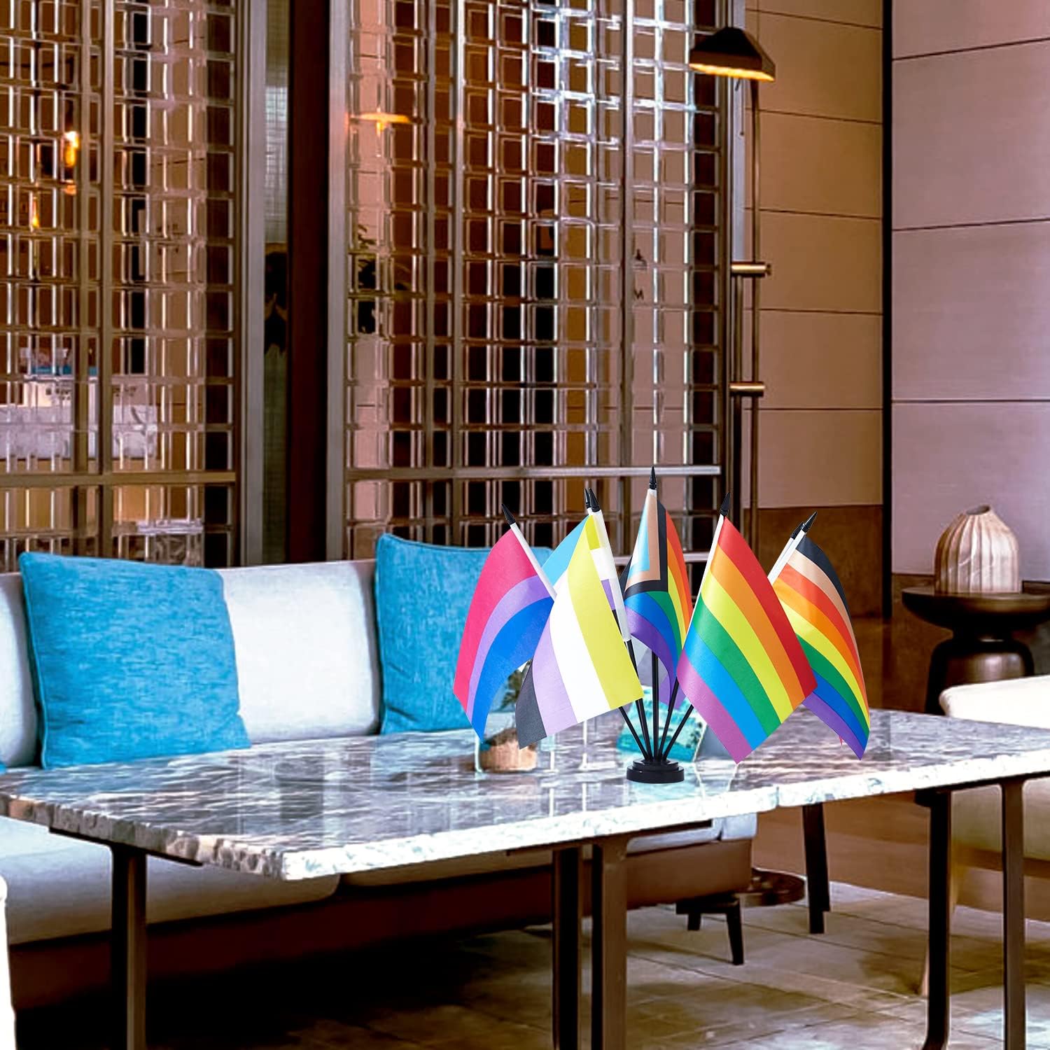 ZXvZYT Rainbow Pride Flag Set Rainbow Desk Flag Small Mini Gay LGBT Office Table Flags with Stand Base Party Decorations - Image 6