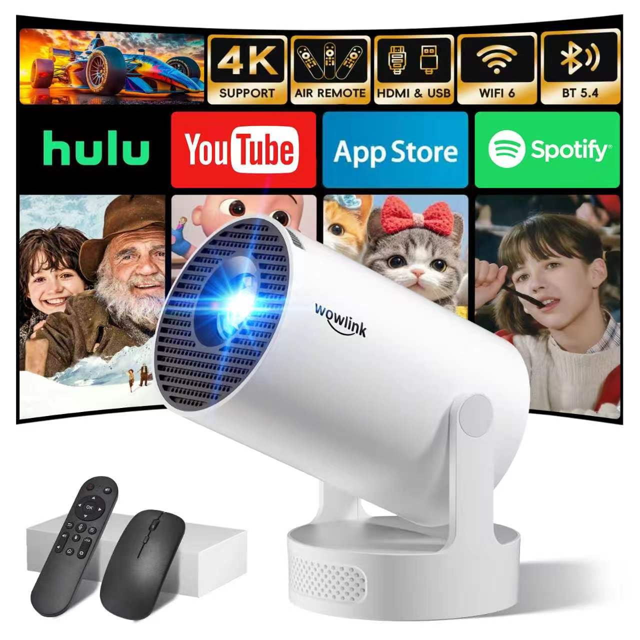 Mini Beamer 4K Full HD 1080P 2026 Neueste Eingebaute Apps 1080P FHD WiFi 6 BT 5.4 Auto Screen Keystone Korrektur Smart Projektor Tragbar Auto Horizontal Trapezoid Correction, Ultrakurzfokus, Weiß