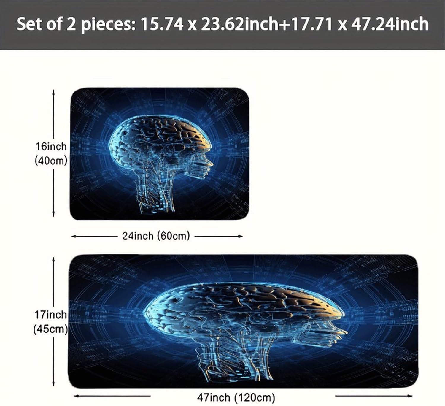 Artificial Intelligence Brain Kitchen Mat Washable Non Slip Rugs Soft Kitchen Mats for Floor Set of 2 PCS Cushioned Absorbent Runner Standing Rugs for Home Sink Laundry Office