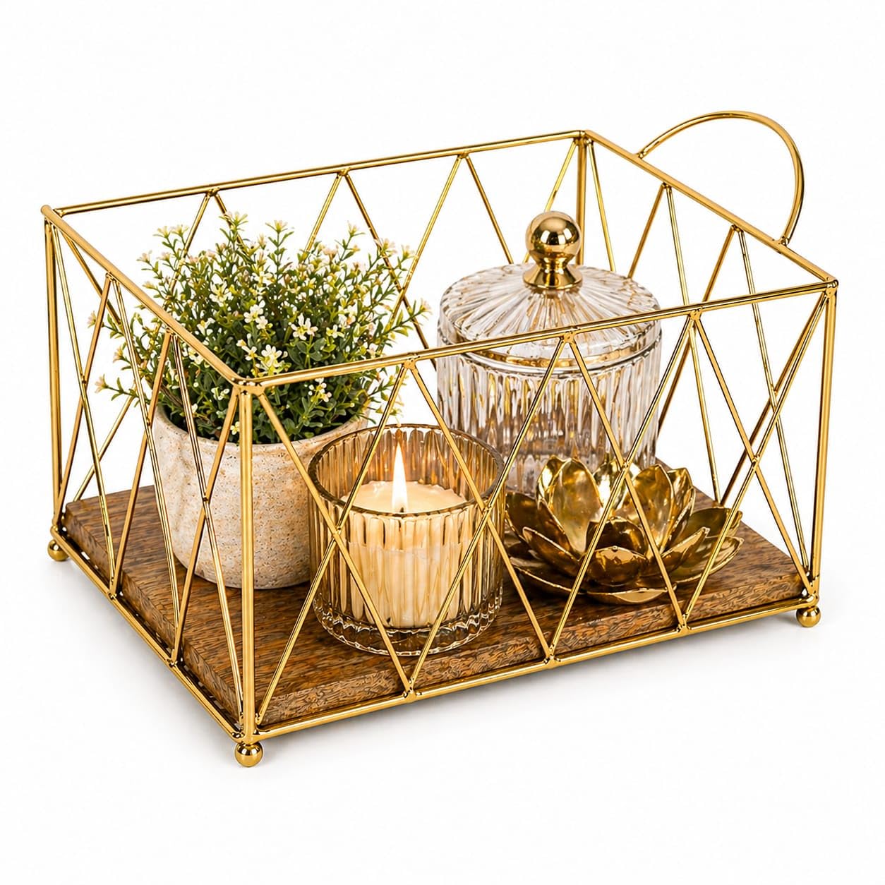 Craft Brio -A TRENDY HANDICRAFTS Gold Wire Wood Baskets Storage Bin Metal Wire Organizers /Basket with Handles (Size 11 X 8 X 5.5 Inches)-image-34