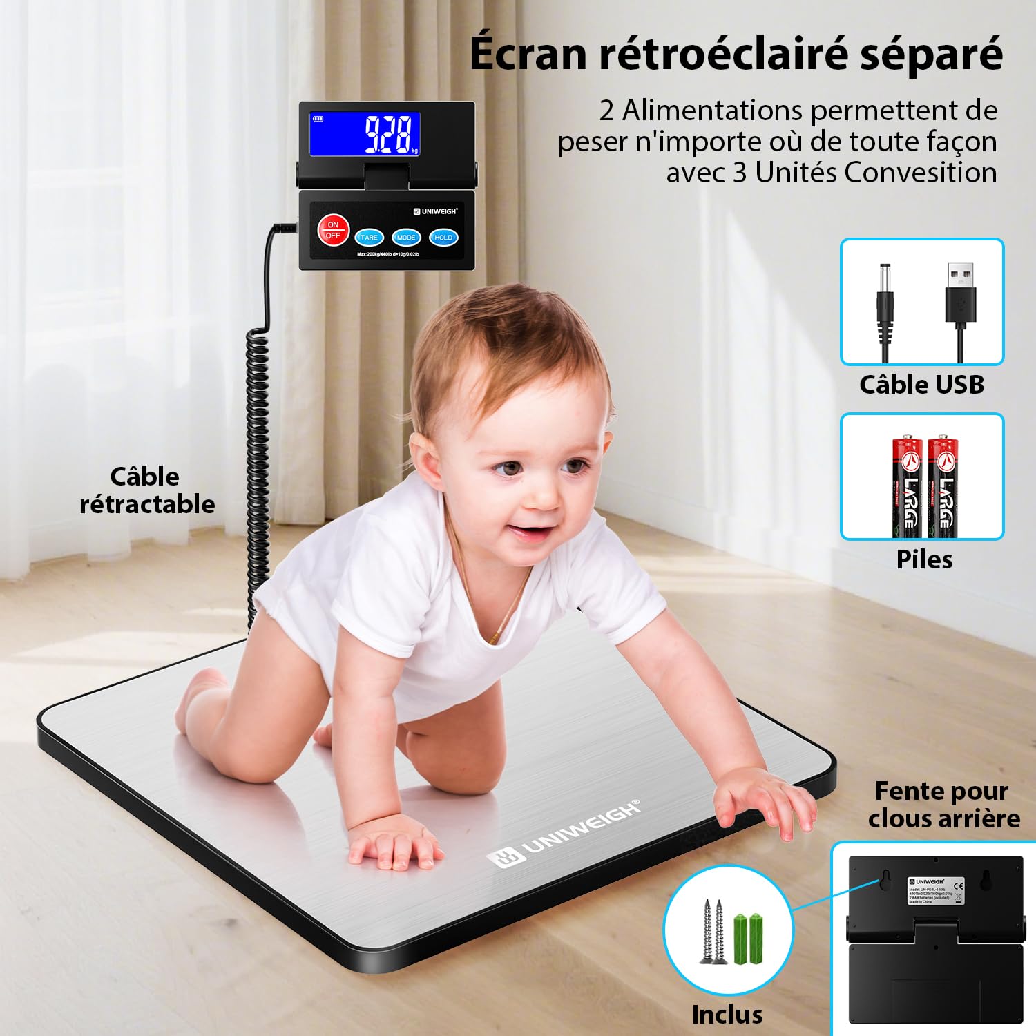 UNIWEIGH Balance postale précision 440 lb/10 g avec plate-forme acier inoxydable pour colis entrepôts