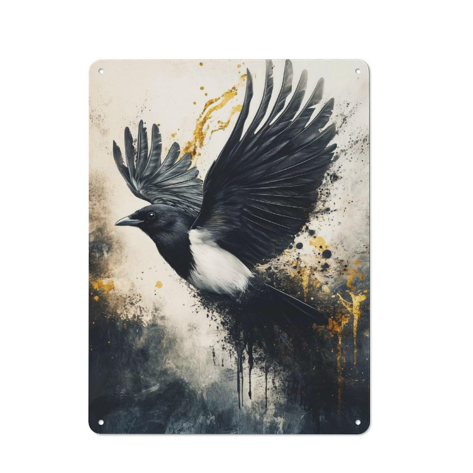 Junmoney Style-21 Understated Magpie In Flight With Golden Accents Metal Wall Plaque 40X30cm, Creative Space Decor For Office, Study, Studio Or Hallway