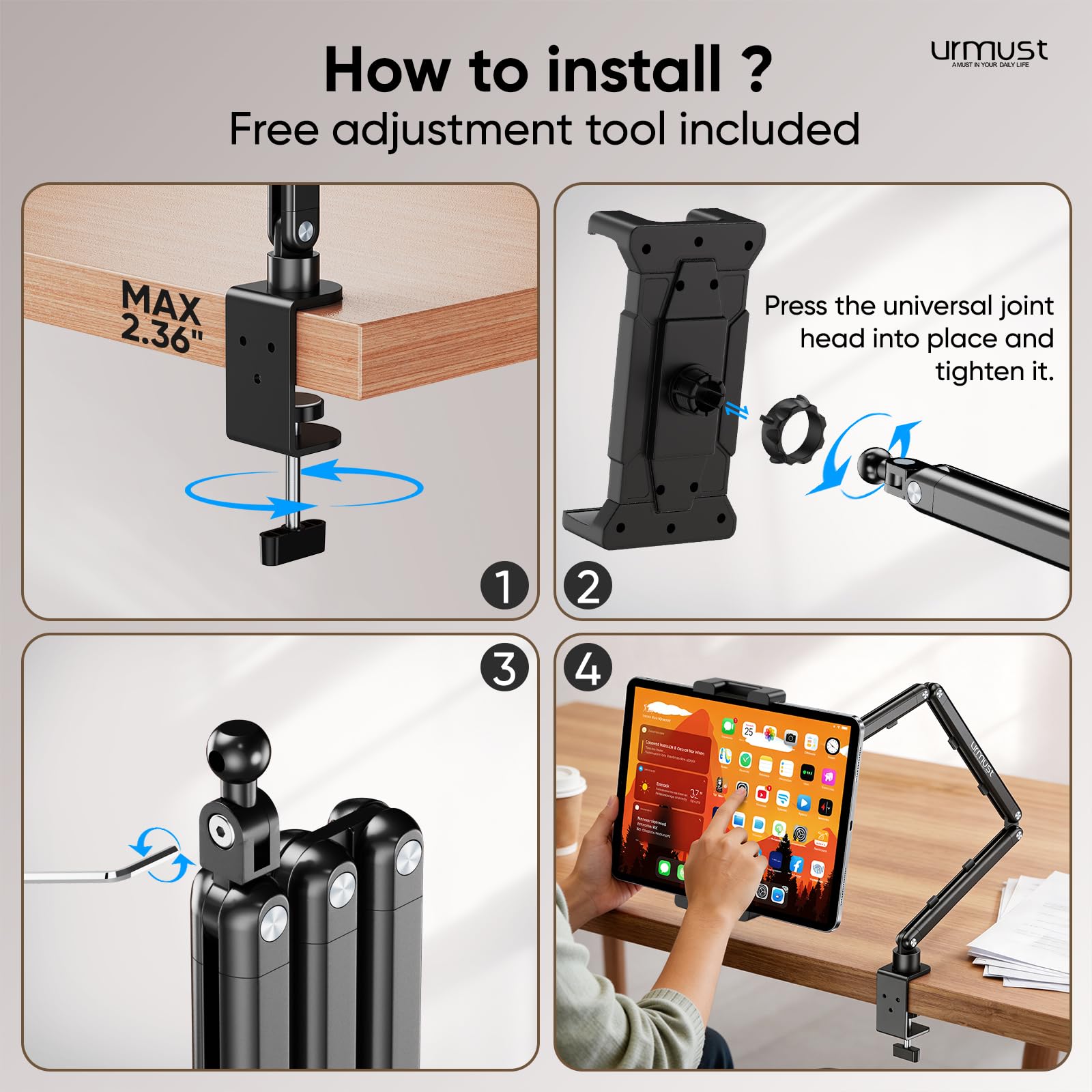 Urmust Tablet Halterung Höhenverstellbarer Aluminium Tablet Armhalterung mit 360° drehbarer Metallbasis, iPad Halterung Tisch kompatibel mit iPad Galaxy Tab Kindle & Monitor Halterung von 4.7" - 15.6"