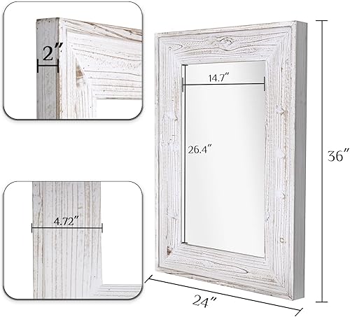 Miniatura 4 de Espejo decorativo de pared de 36 x 24 pulgadas, espejo colgante rectangular con marco de madera rústica con 4 ganchos para baño, entrada, decoración