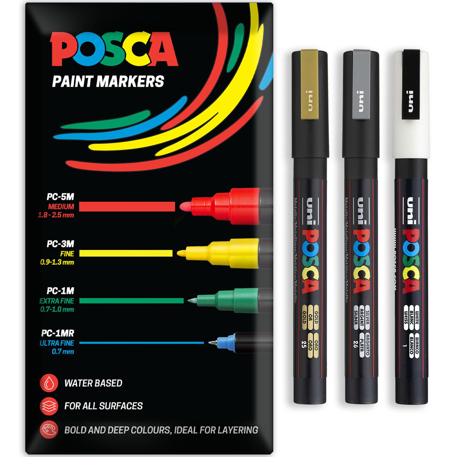 Posca Water Based Acrylic Paint Marker Pens | Multi Surface Use Permanent Paint Pen | Pack of 3 Pens in Envelope Gift Packaging | Glass, Fabric, Canvas, Wood etc | PC-3M, Gold, White, Silver โ image 1