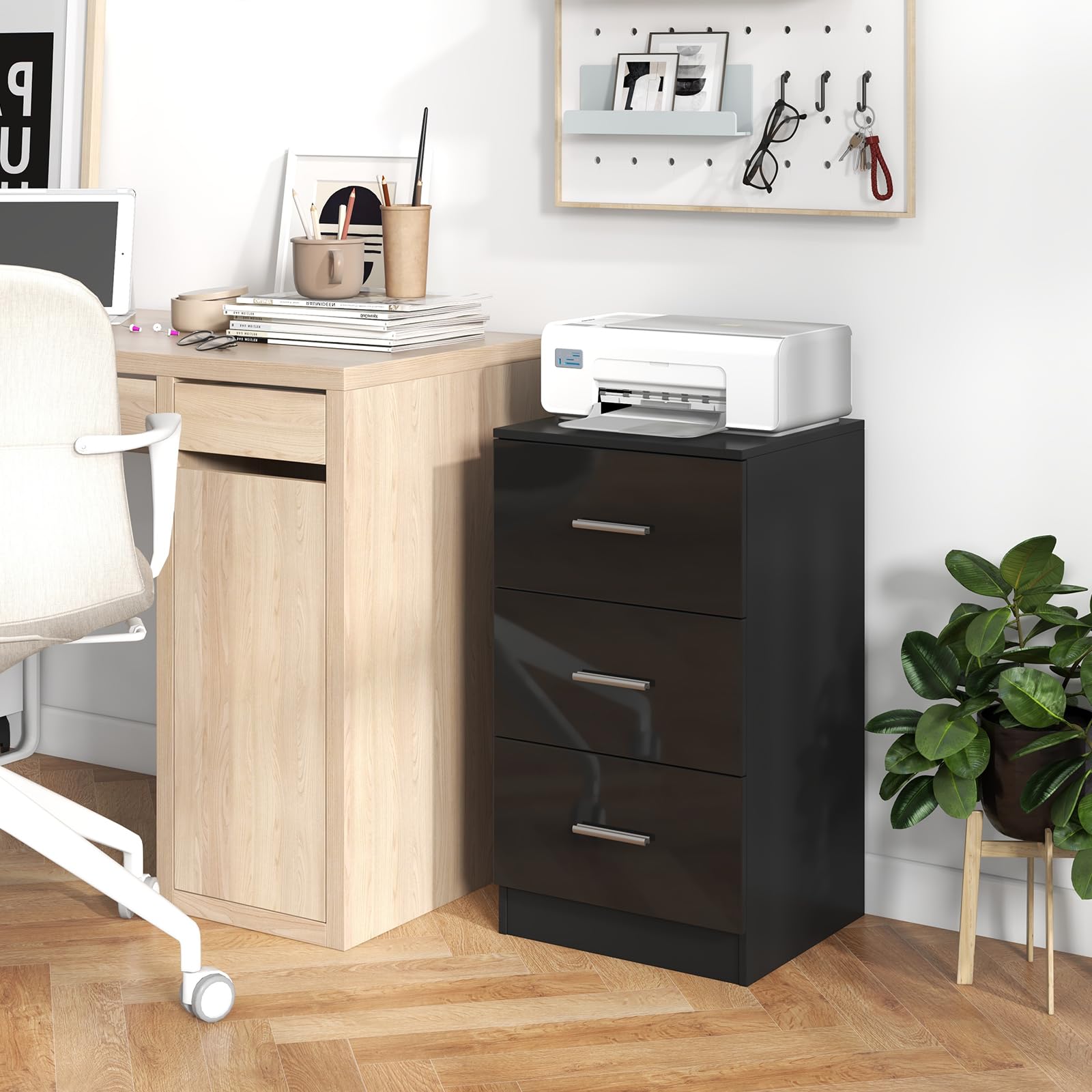 COSTWAY 1 Mesita de Noche con 3 Cajones, Mesilla de Noche de Madera, Archivador con Cajones, Salon Dormitorio Oficina, 37 x 34 x 66,5 cm, Negro