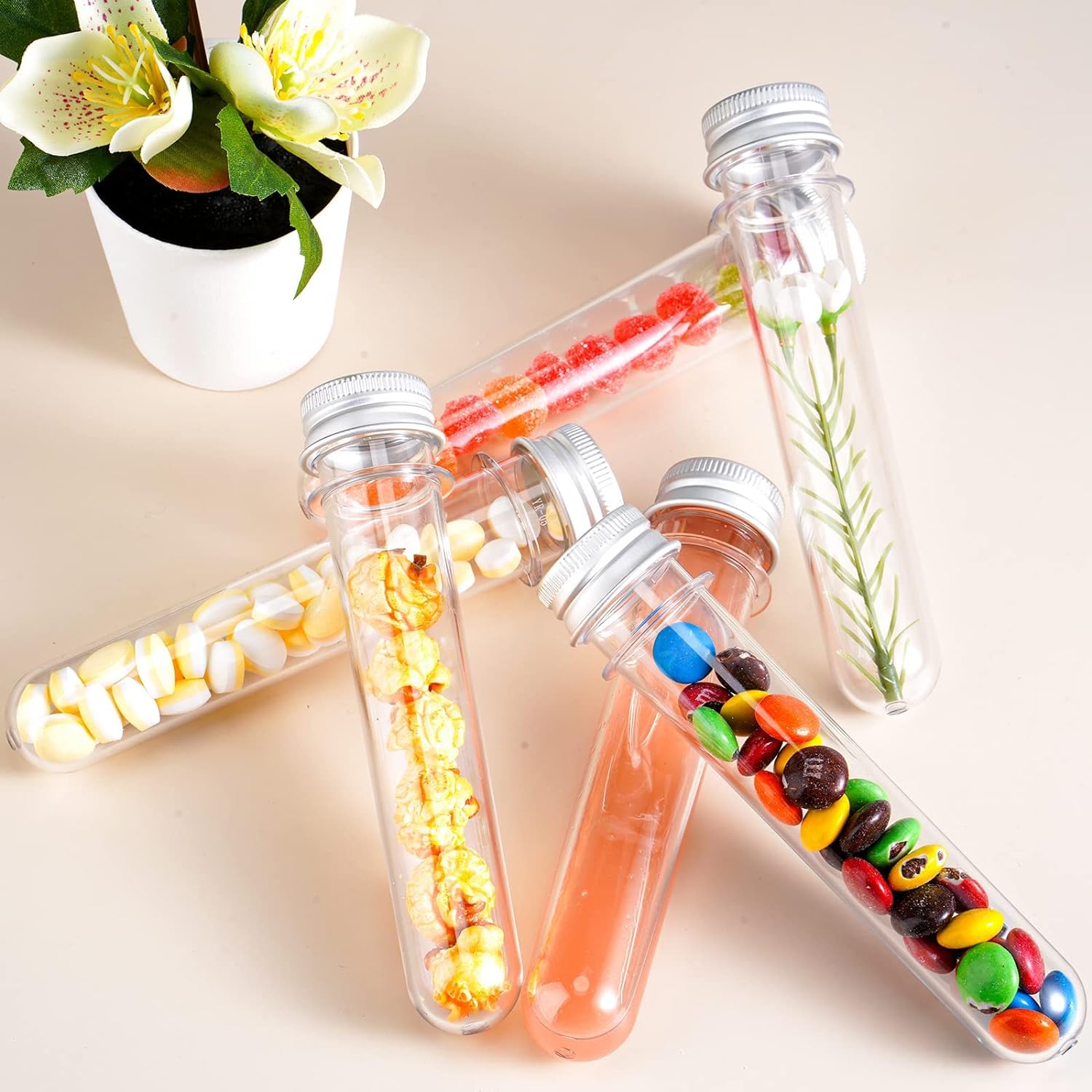 KAHEIGN 60 Piezas Tubos de Ensayo de Plástico 45ml con Gorras Transparentes para Especias Dulces