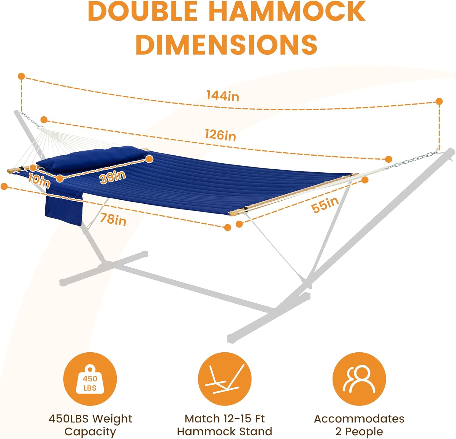 Lazy Daze Hammocks 2 Person Double Quilted Fabric Hammock with Spreader Bar, Detachable Pillow, Side Pocket, Carabiners, Chains, Straps for Outdoor, 450lbs Capacity, Navy Blue