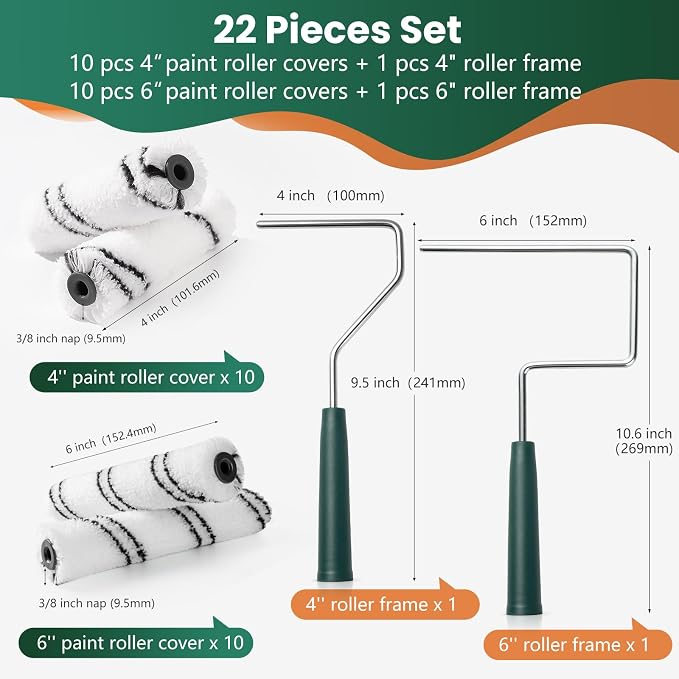 Pack de 20 fundas para rodillo de pintura de microfibra de 4 y 6 pulgadas | Fundas mini de microfibra con pelo 3/8 de pulgada, 2 marcos metálicos anti óxido, para paredes, techos, muebles miniatura 2