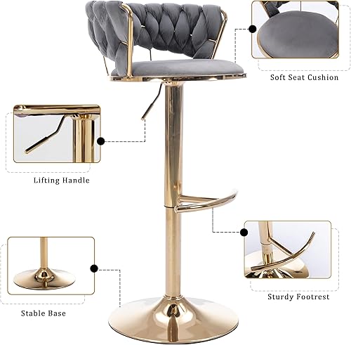 Miniatura 68 de Juego de 2 taburetes de bar de terciopelo giratorios con base de metal dorado, taburetes de bar modernos de altura de mostrador para cocina, pub,