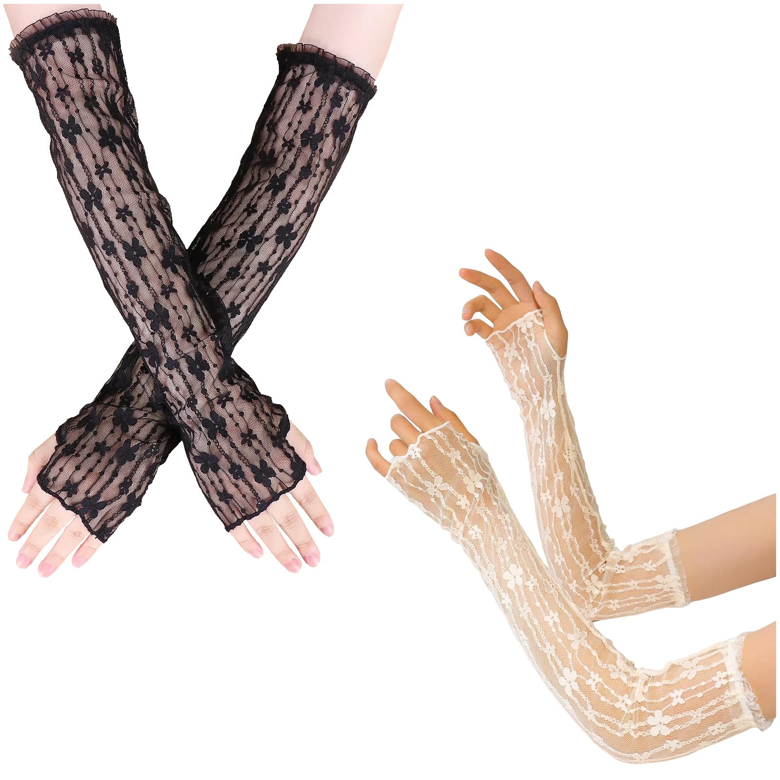 2 Paires Manchettes en Dentelle Elastique Gants avec Trou Respirant Floral Manchon Bras Eté Protection de Soleil Mariage