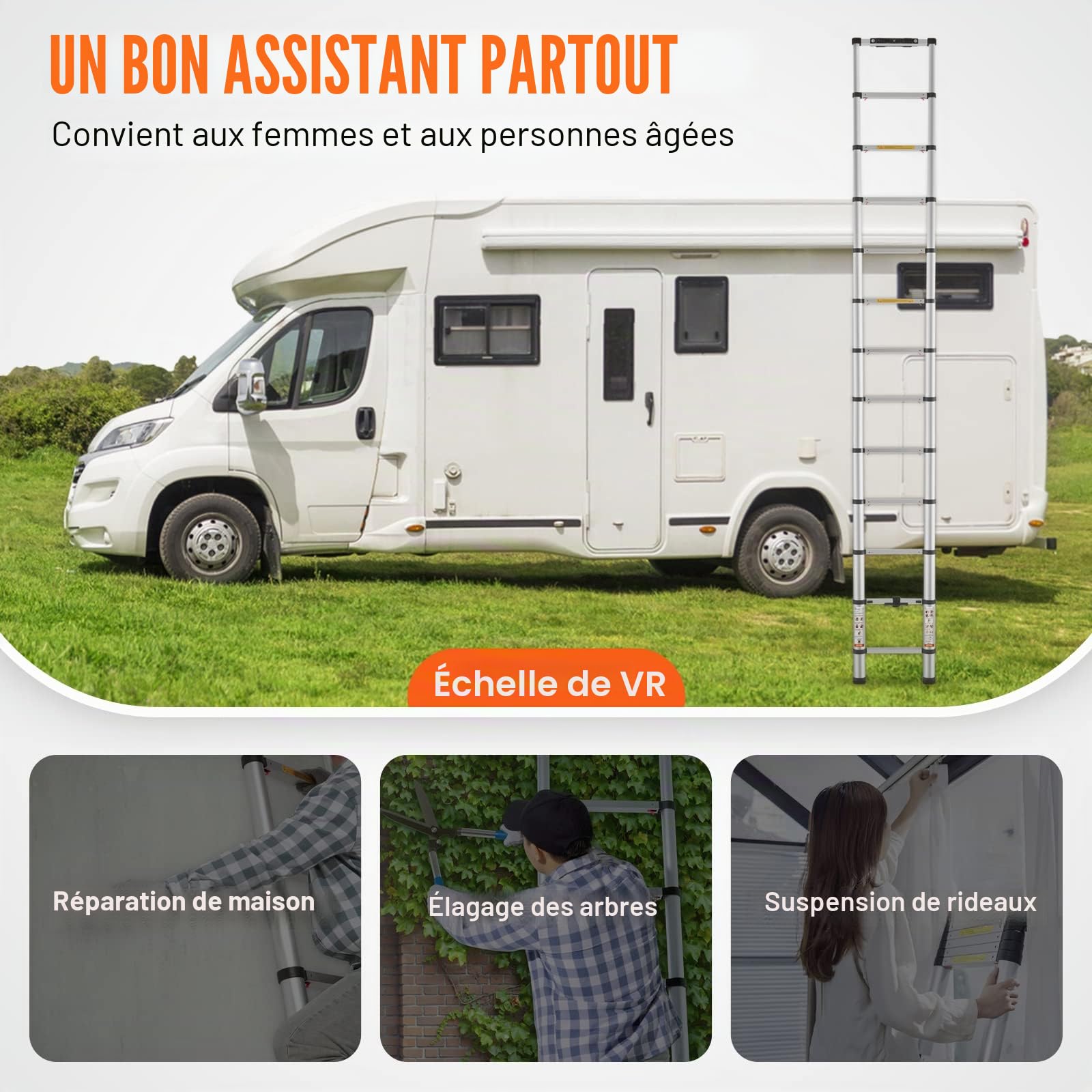VEVOR Échelle Télescopique Aluminium 3,8 m Escabeau Extensible Capacité 170 kg avec Pieds Antidérapants Échelle Compacte Portable Polyvalente Rétraction à Un Bouton pour Réparation Maison Camping-Car