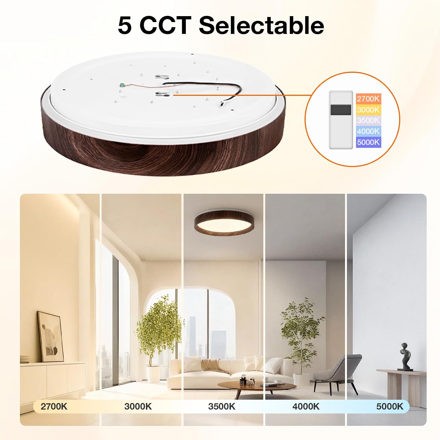 Sylvania 15" Flush Mount LED Ceiling Light, Decorative Ring Fixture, 5 Color Temperatures (2700/3000 / 3500/4000 / 5000K), 2000 LMS, 80 CRI, Dimmable, Wooden Style Finish - 1 Pack (66801)