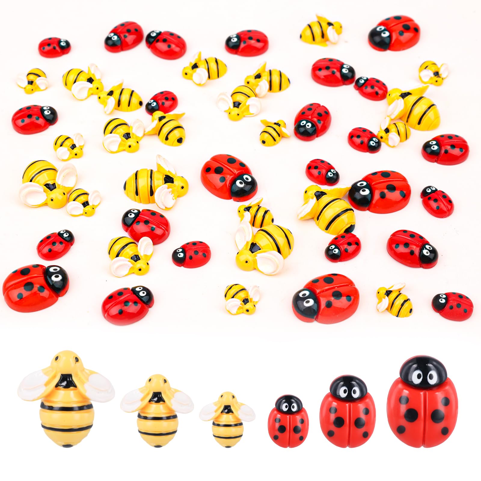 50pcs Tiny Resin Bees & Ladybugs, Yellow Smooth Plastic Flat Back Bumble Bee Red Black Resin Ladybug Ornaments for Decoration 3 Sizes Big Medium Small