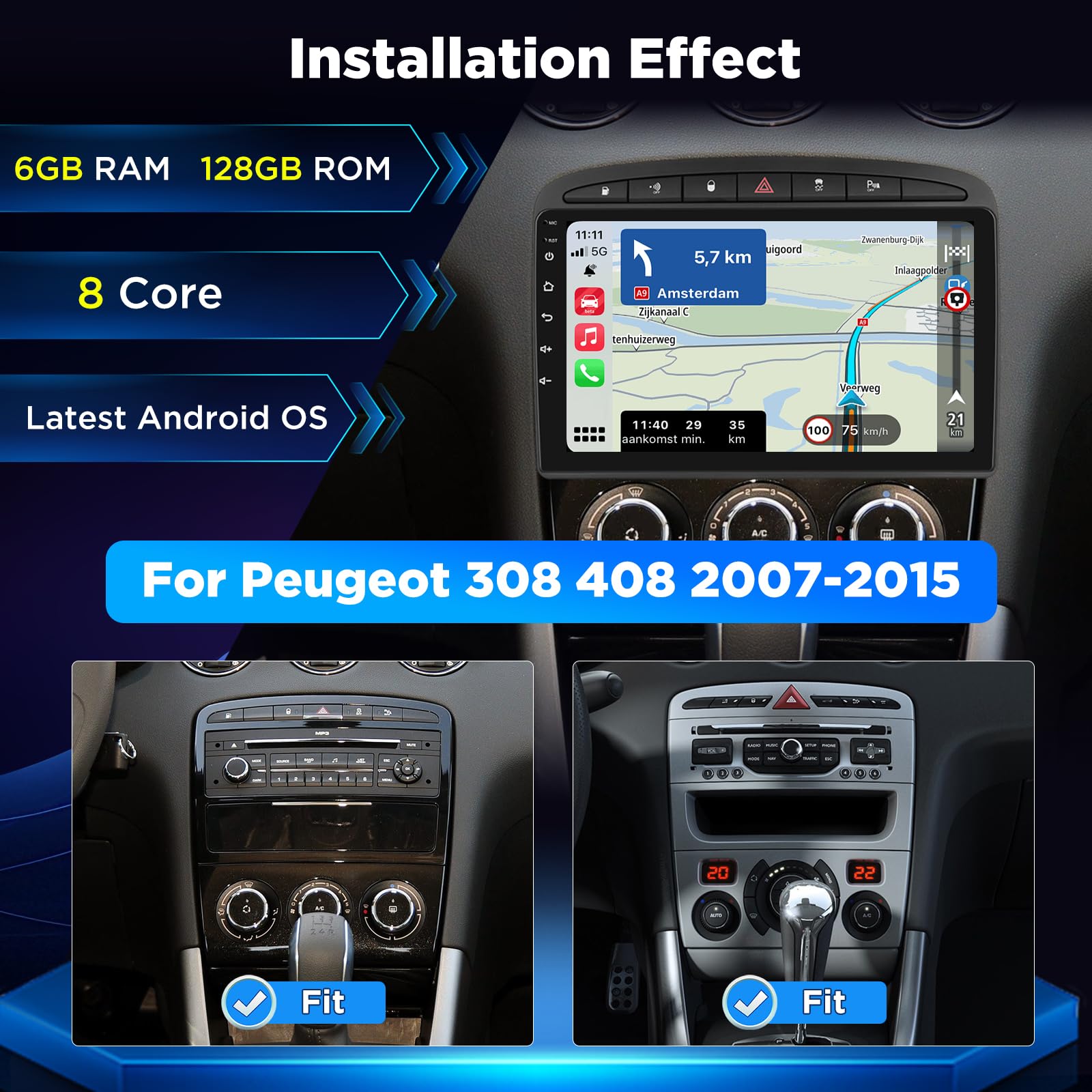 Autoradio 8 Core 6+128GB per Peugeot 308 408 2007–2015, Stereo Android Touchscreen con CarPlay Wireless, GPS WiFi DSP HiFi, Plug & Play Radio + Telecamera Posteriore