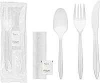 Vista 9 de Party Essentials Paquetes de cubiertos de plástico envueltos individualmente, tenedor/cuchara/cuchillo/servilleta, 50
