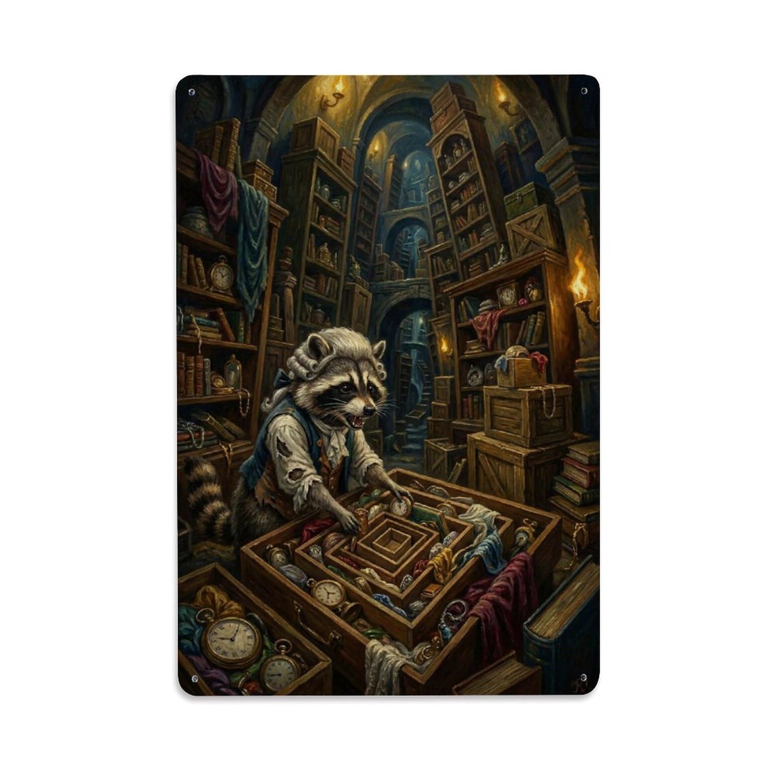 Natural History Surreal Vintage Animal Raccoon Clutter Maze Metal Tin Sign Plaque Wall Decor for Cafe, Man Cave, Club Bar, Office, Home Garden Round Metal Poster 8x12Inch