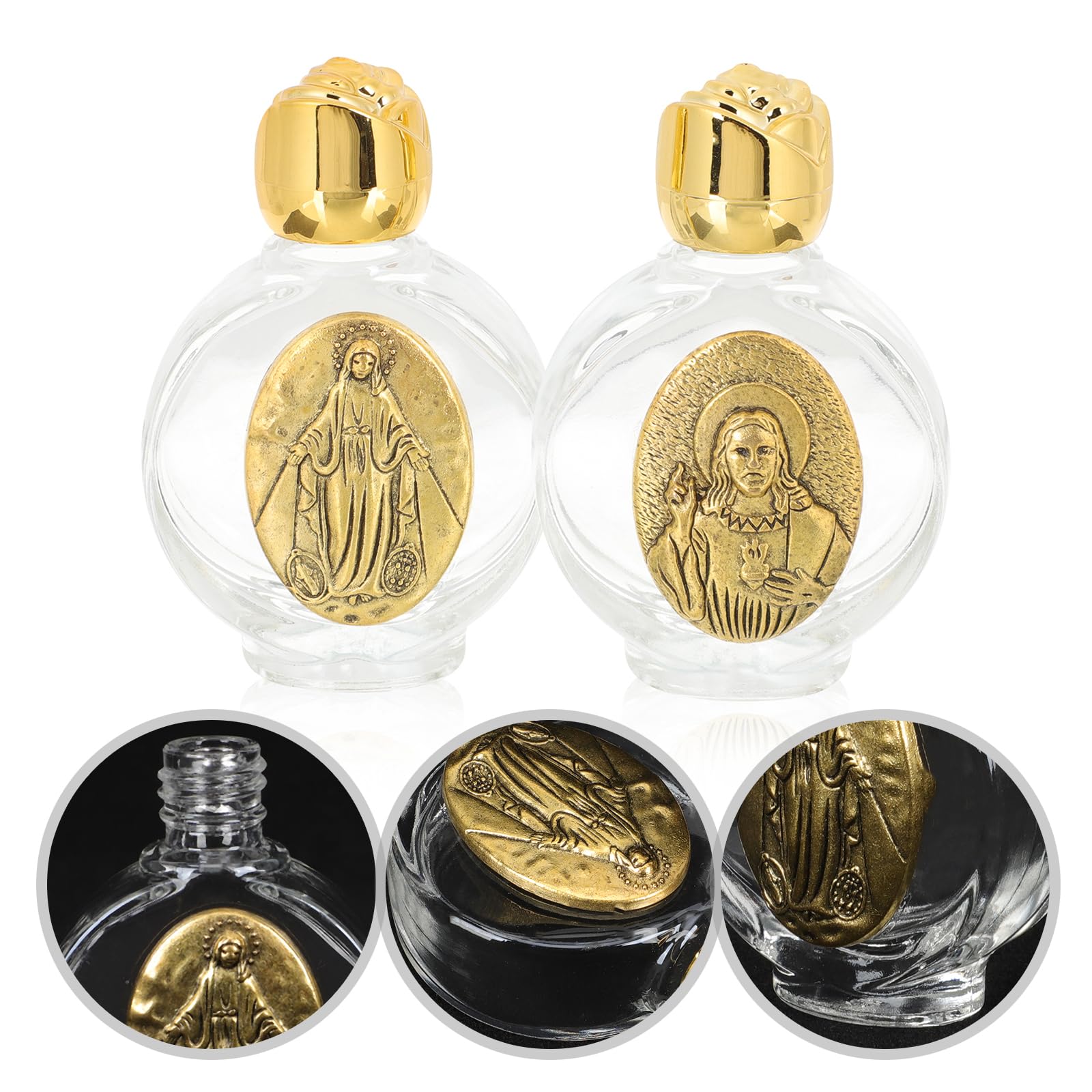 Amosfun 6pcs Glass Holy Water Bottles with Gold-Toned Cap, Holy Family Bottle - Travel, Social Events, Religious, Leak Proof, Reusable, Golden, Chrome Finish