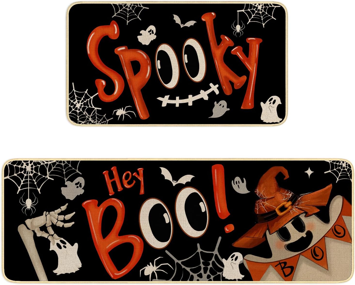 Halloween Kitchen Rugs Set of 2, Ghost Kitchen Mats for Floor,Halloween Hey Boo Spooky Non Slip Washable Sink Laundry Rug Home Decor Doormat 17”x30”+17”x47”