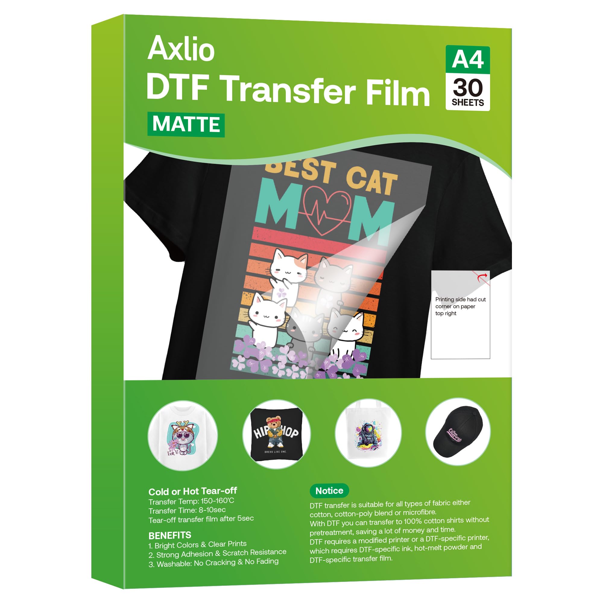 30 Sheets DTF Transfer Film Paper- Axlio 8.5" x 11", 30 Sheets, Double Sided Matte Clear Pretreat Sheets, PET Heat Transfer Paper for Epson Inkjet Printer DTF Printer Direct Print On T-Shirts Textile