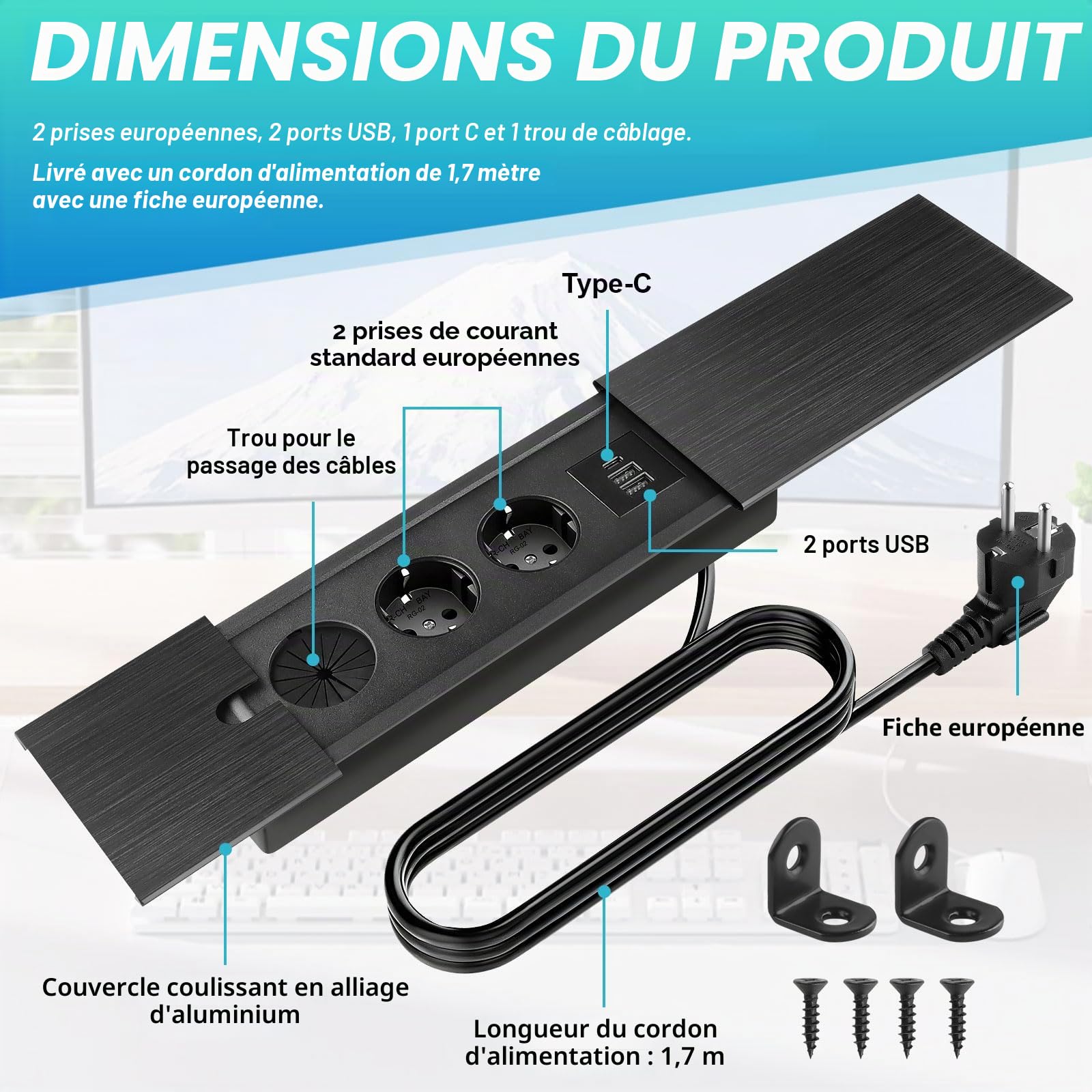 Multiprise encastrable escamotable 2 Prises avec USB C, Prise de Table