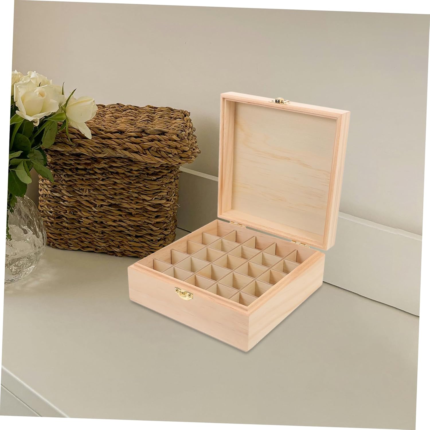 25grids Wooden Essential Oil Storage Box Multi-compartment Organizer Case