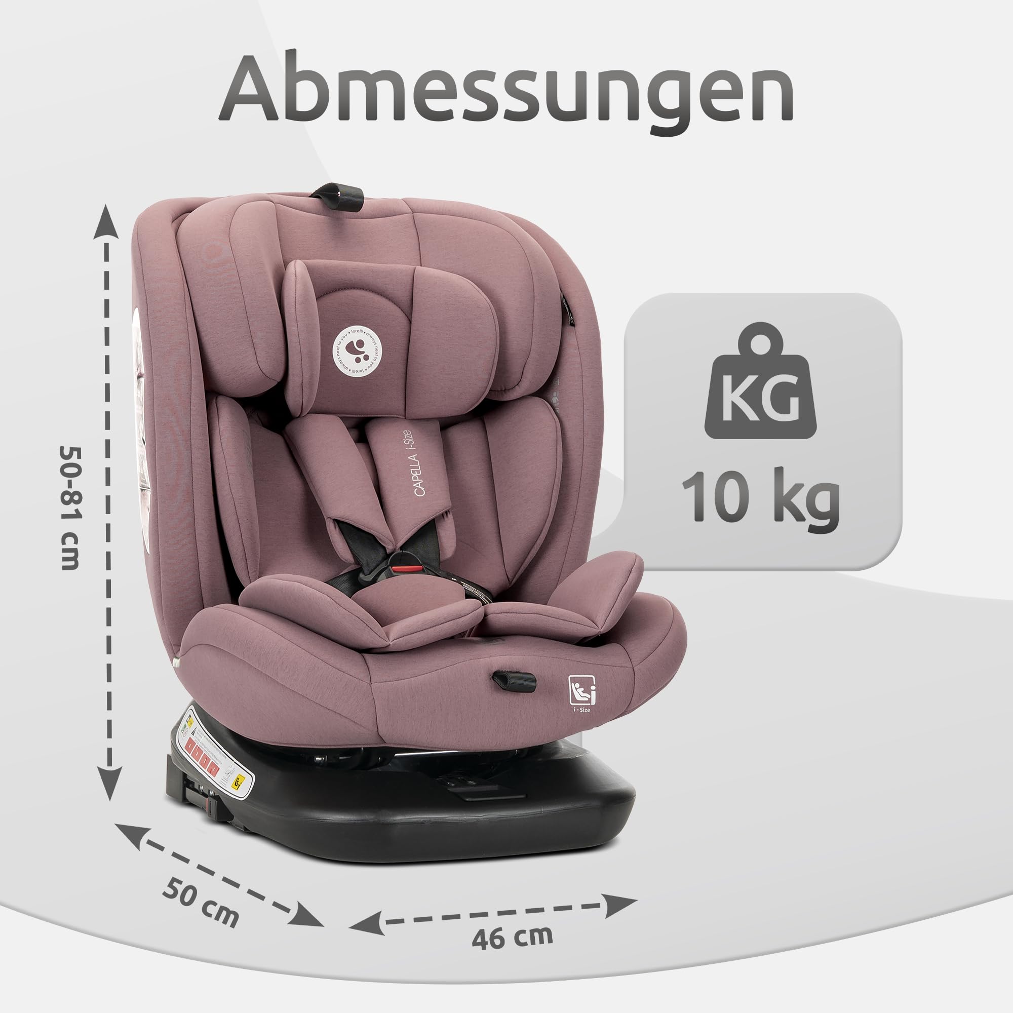 Lorelli Kindersitz drehbar 360 Grad i-Size 40-150cm mit Isofix, Mitwachsender Baby Autositz Capella, Gruppe 0+/1/2/3, 0-12 Jahre, 0-36 kg, Auto Babysitz ab Geburt, 5-Punkt-Gurt, Rosa