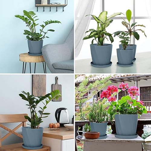 Miniatura 7 de IHDYPPEW 6 Pack 86.55.3 Inch Plant Pot Set, Blue Planters with Drainage Holes and Saucers, Plastic Flower pots for Indoor and Outdoor Plants