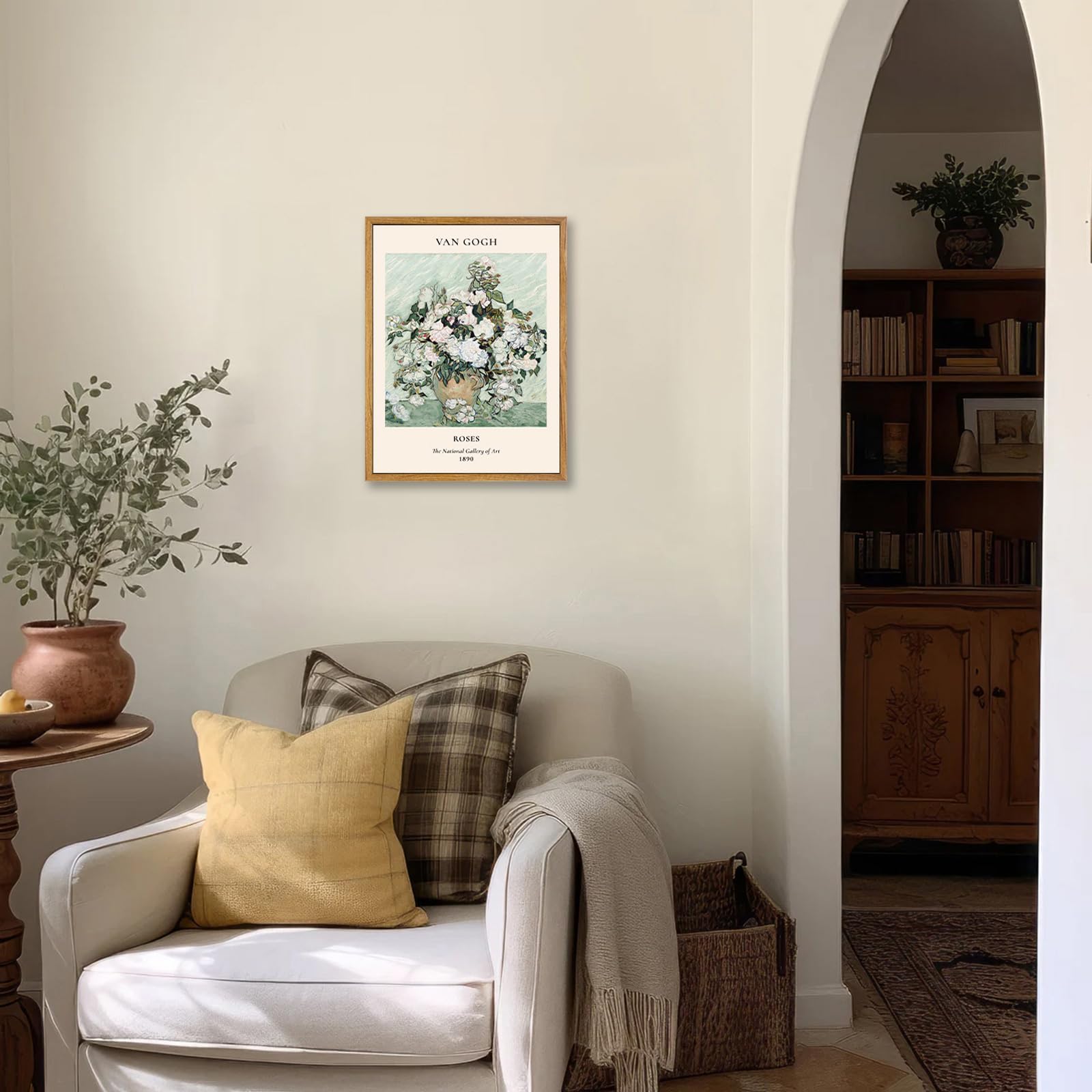 KBKBART Sage Green Framed Canvas Wall Art, Abstract Van Gogh Wall Art Exhibition Posters, Vintage Flower Art Prints Painting, Retro Boho Green Wall Decor for Aesthetic Bedroom Bathroom Wall Decor (12"x16")