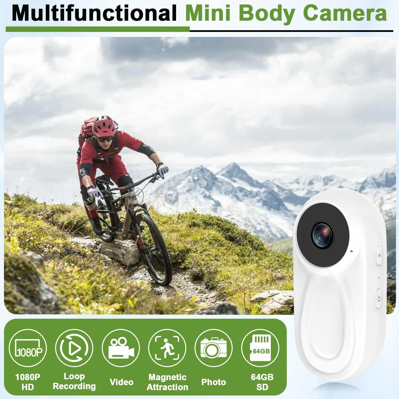 DJDAI Mini caméra de corps 1080p avec carte intégrée 64 Go mains libres, petit enregistreur vidéo portable avec clip magnétique, support pour casque pour vélo, voyage, animal domestique